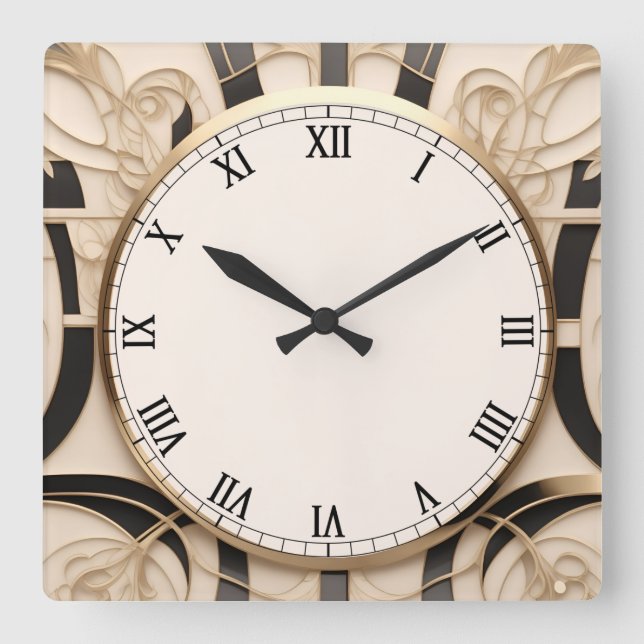 Art nouveau Art Deco Clock - Black White och Guld Fyrkantig Klocka (Framsida)