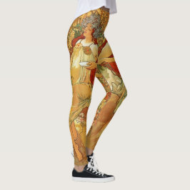 Art nouveau Autumn Woman Guld Brown Alphonse Mucha Leggings