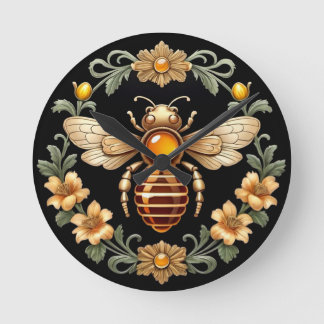 Art Nouveau Bee on Black Rund Klocka