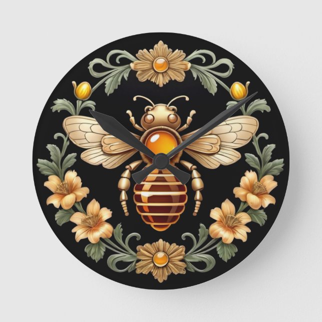 Art Nouveau Bee on Black Rund Klocka (Framsida)
