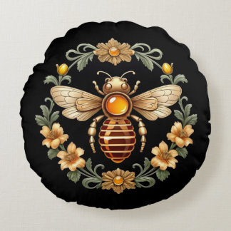 Art Nouveau Bee on Black Rund Kudde