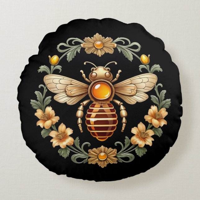 Art Nouveau Bee on Black Rund Kudde (Framsidan)