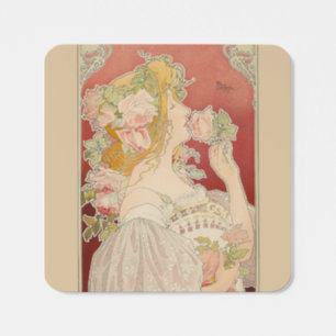 Art Nouveau Belle Époque Dam Rosor Livemont Fyrkantigt Klistermärke