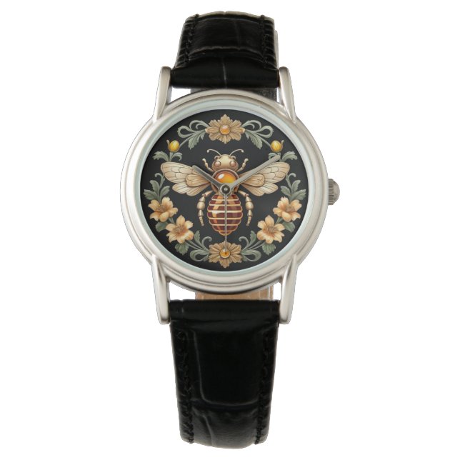 Art Nouveau-bi på svart Armbandsur (Framsida)