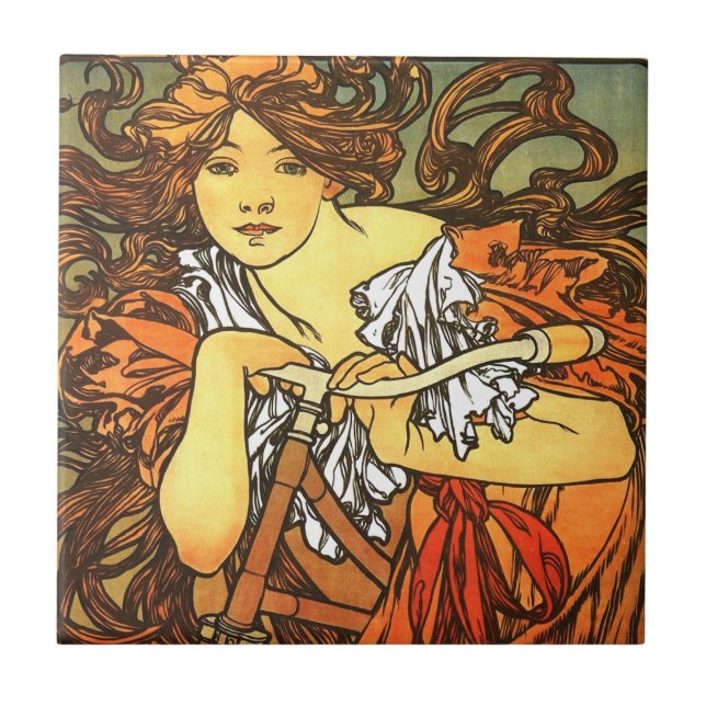 Art nouveau Bicycle Mucha Art Kakelplatta (Framsidan)