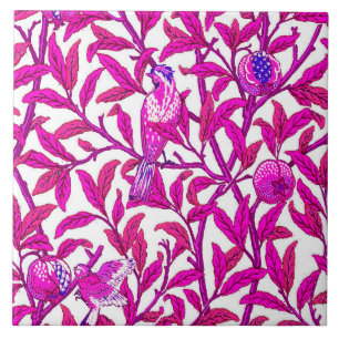 Art nouveau Bird and Pomegranat, Fuchsia Rosa Kakelplatta
