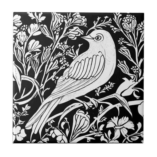Art nouveau Bird vid Gren med blommor i vitt Kakelplatta (Framsidan)