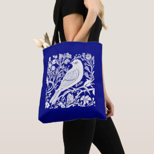 Art nouveau Bird vid Gren med blommor i vitt Tygkasse
