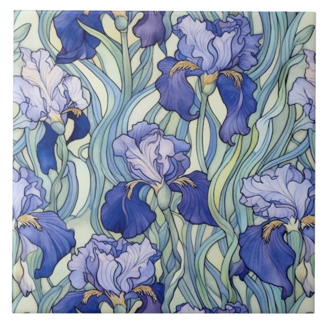 Art nouveau blå iris kakelplatta (Framsidan)