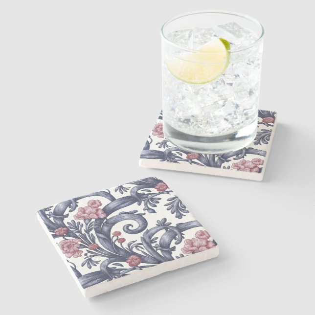 Art Nouveau Blå Rosa Stencoaster  Stenunderlägg (Sidan)