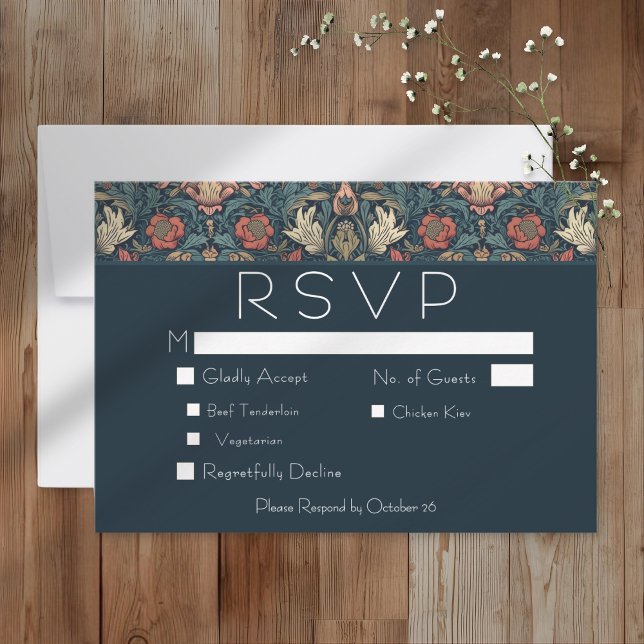 Art Nouveau Blå William Morris Blommig Bröllop OSA Kort (Art Nouveau Blue William Morris Floral Wedding RSVP Card)
