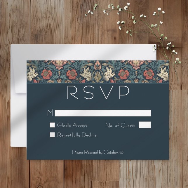 Art Nouveau Blå William Morris Blommig Bröllop OSA Kort (Art Nouveau Blue William Morris Floral Wedding RSVP Card)