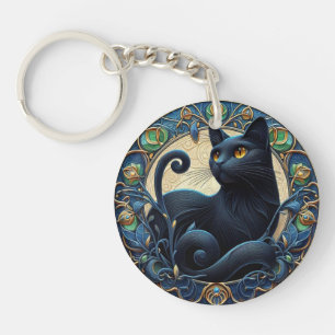 Art nouveau Black Cat Celtic Nyckelring