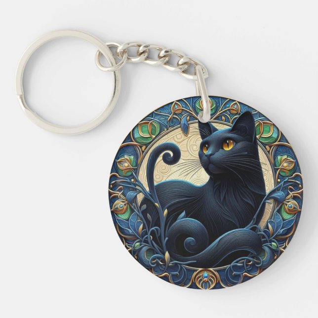 Art nouveau Black Cat Celtic Nyckelring (Framsidan)