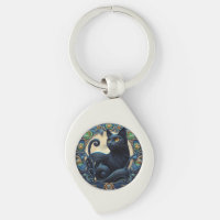 Art nouveau Black Cat Celtic Nyckelring