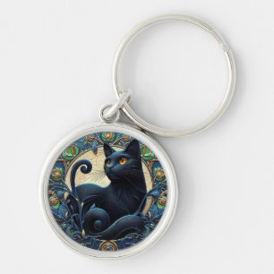 Art nouveau Black Cat Celtic Nyckelring