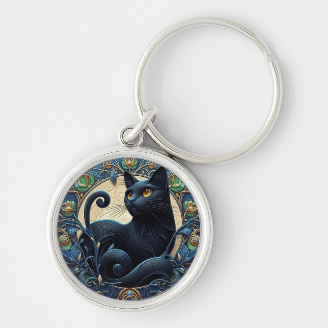 Art nouveau Black Cat Celtic Nyckelring (Framsidan)