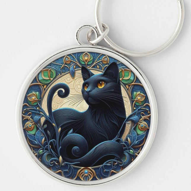Art nouveau Black Cat Celtic Nyckelring (Framsidan)
