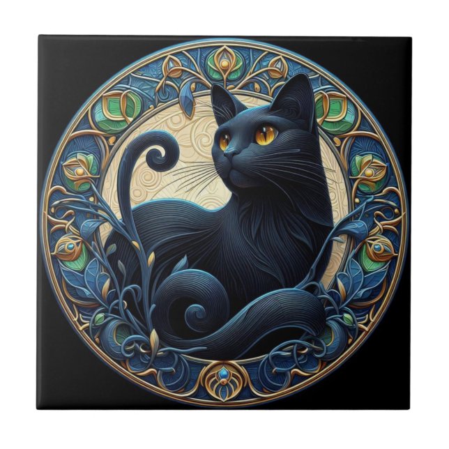 Art nouveau Black Cat Ceramic Tile Kakelplatta (Framsidan)