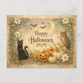 Art Nouveau Black Cat Owl Halloween Helg Vykort