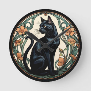 Art nouveau Black Cat Rund Klocka