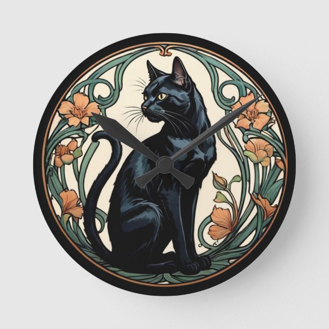 Art nouveau Black Cat Rund Klocka (Framsida)