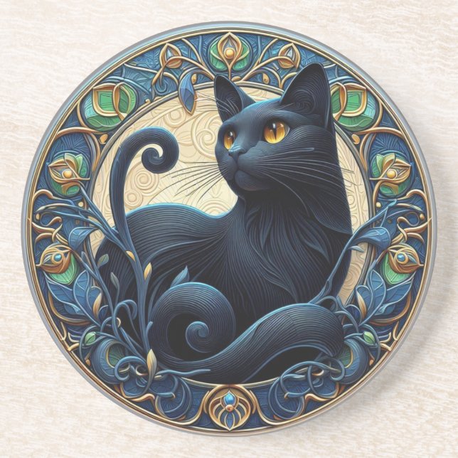 Art nouveau Black Cat Stone Underlägg (Framsidan)