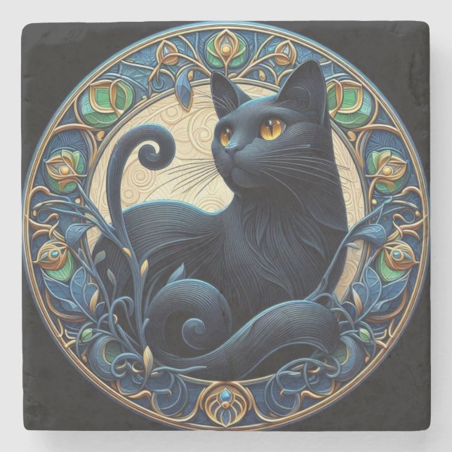 Art nouveau Black Cat Stone Underlägg (Framsidan)