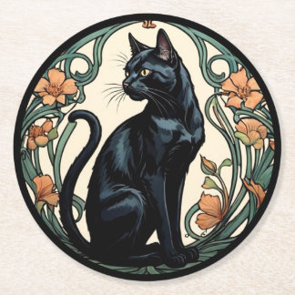 Art Nouveau Black Cat Underlägg Papper Rund