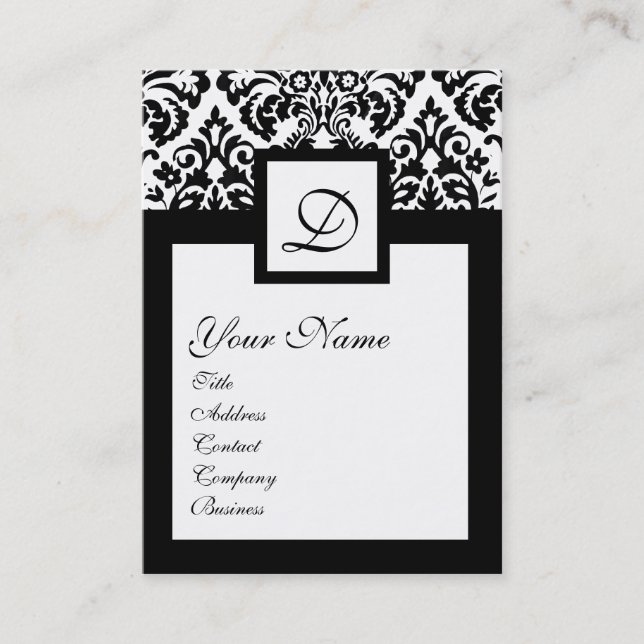 ART NOUVEAU BLACK WHITE DAMASK SQUARE MONOGRAM VISITKORT (Framsida)