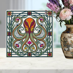 Art Nouveau Bläckfisk Orange Burgunderröd Grön Blo Kakelplatta