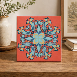 Art Nouveau blomkeramisk platta i korallrosa Kakelplatta