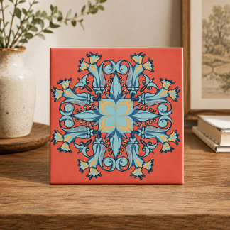Art Nouveau blomkeramisk platta i korallrosa Kakelplatta