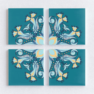 Art Nouveau blomkeramisk platta i påfågelblå Kakelplatta