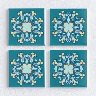 Art Nouveau blomkeramisk platta i påfågelstjärtblå Kakelplatta