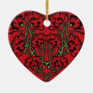 Art Nouveau Blomma Hjärta Röd Keramik Ornament