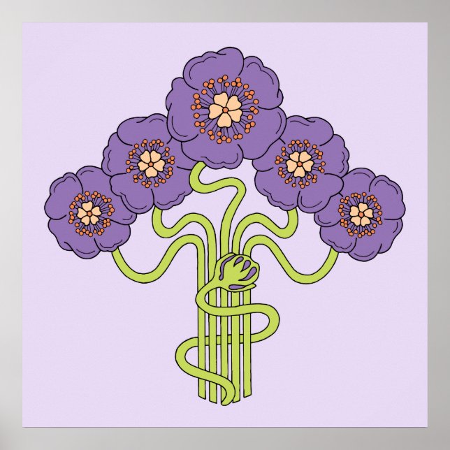 Art nouveau blomma teckning violetta Square Poster (Framsidan)