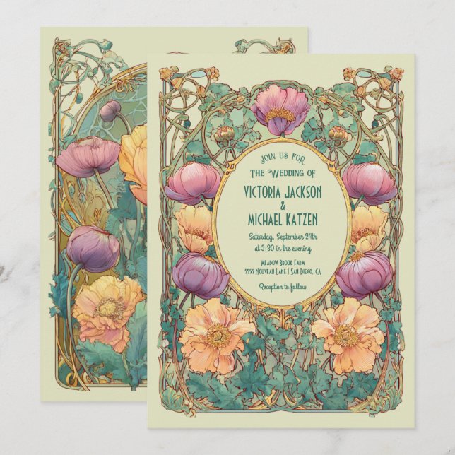 Art Nouveau Blommig Bröllopsinbjudan Inbjudningar (Fram/baksida)