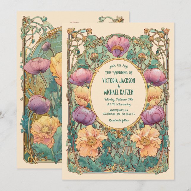 Art Nouveau Blommig Bröllopsinbjudan Inbjudningar (Fram/baksida)