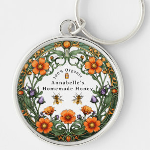 Art Nouveau Blommig Kant Hemlagad Honung  Rund Silverfärgad Nyckelring
