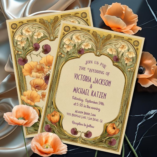 Art Nouveau Blommig Ram Bröllopsinbjudan Inbjudningar (Skapare uppladdad)