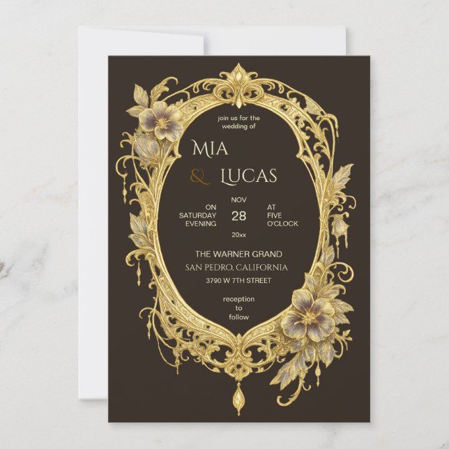 Art Nouveau Blommig Ram Guld Lyxig Bröllop Inbjudningar (Framsida)