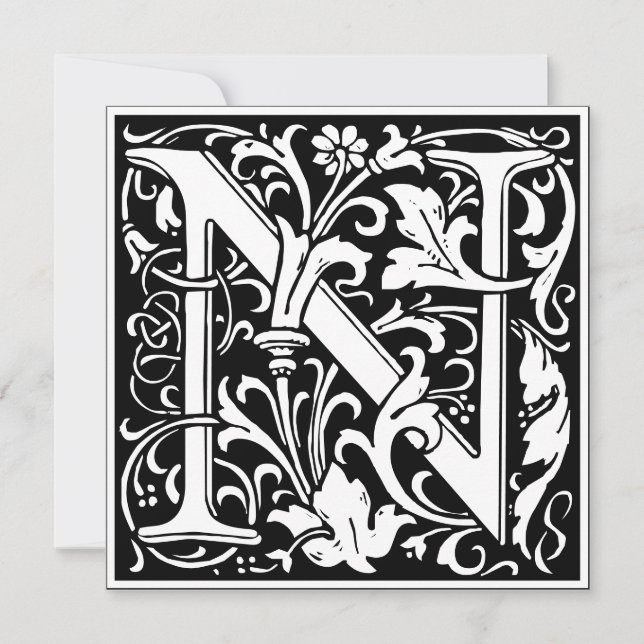 Art nouveau Blommigt Alphabet Monogram Brev N Inbjudningar (Framsida)