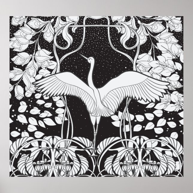 Art nouveau: Blommigt Bird Illustration Poster (Framsidan)