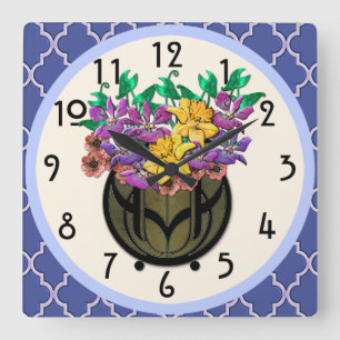 Art nouveau Blommigt Bouquet och Fransk Blue Tile Fyrkantig Klocka