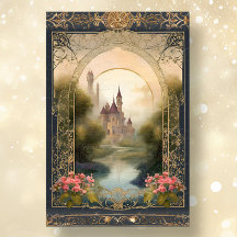 Art nouveau Blommigt Castle Navy vid Guld Ephemera