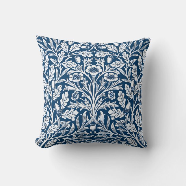 art nouveau Blommigt Damask, Cobalt Blue och White Kudde (Framsida)