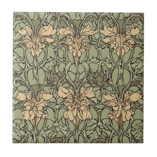 Art nouveau Blommigt Damask Grönt, Beige Abstrakt Kakelplatta