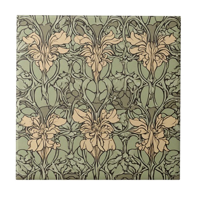 Art nouveau Blommigt Damask Grönt, Beige Abstrakt Kakelplatta (Framsidan)