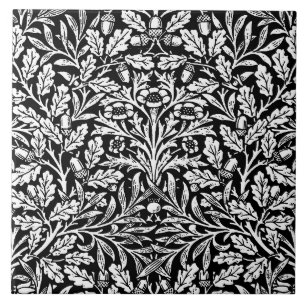art nouveau Blommigt Damask, svart och vitt Kakelplatta
